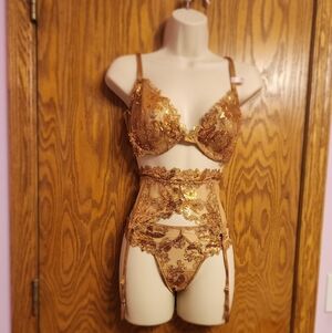 Victoria Secret Lace Embroidered Runaway  Bra & Garter Set - Gold